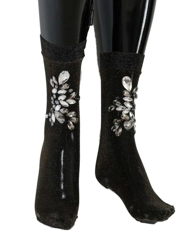 Dolce & Gabbana Black Stretch Floral Clear Crystal Socks - Zeiniez