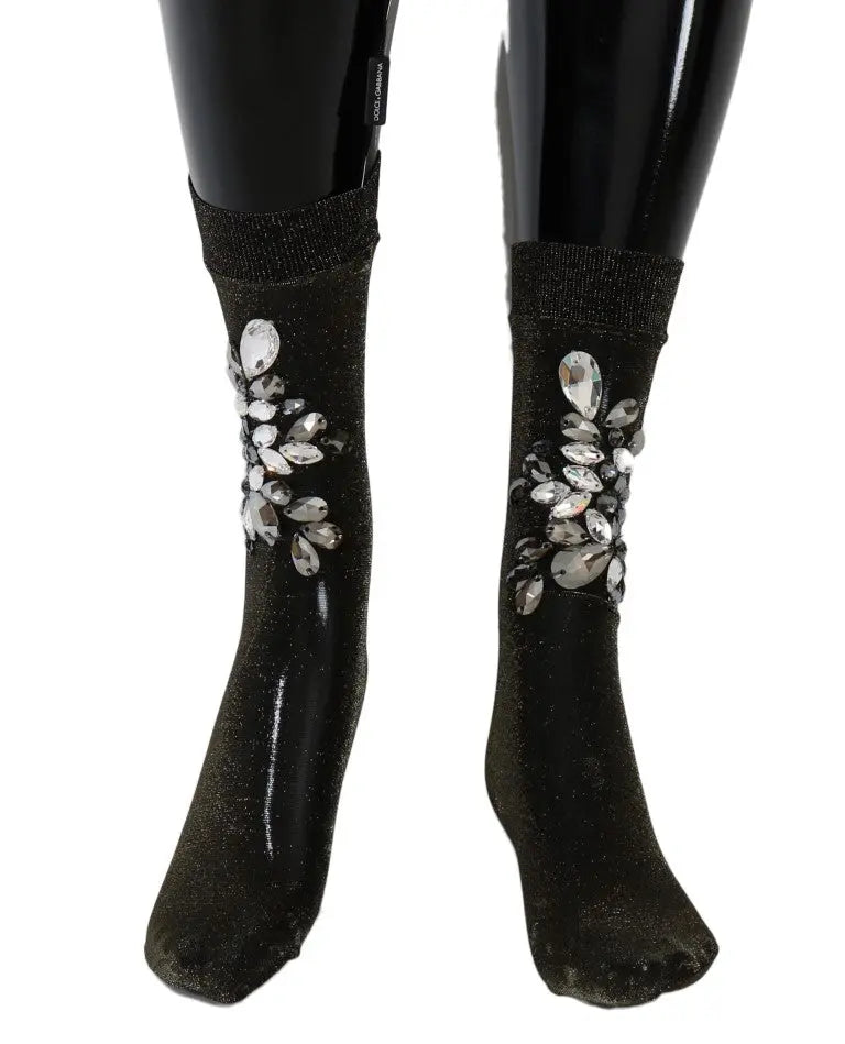 Dolce & Gabbana Black Stretch Floral Clear Crystal Socks - Zeiniez