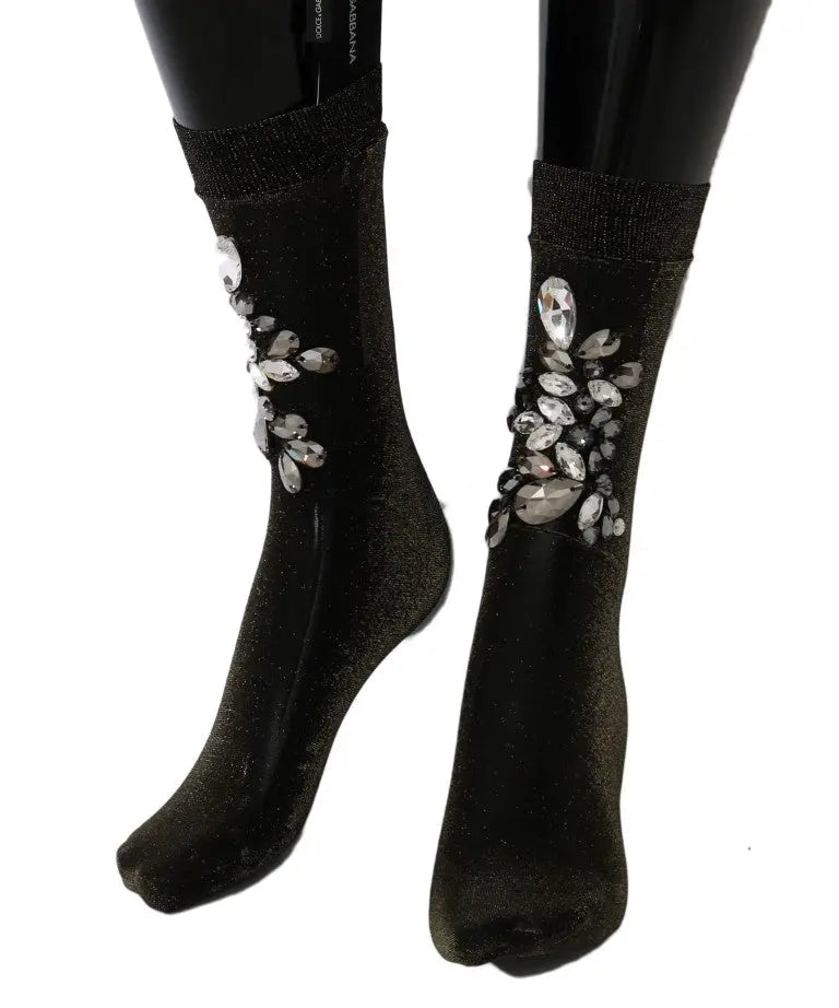 Dolce & Gabbana Black Stretch Floral Clear Crystal Socks - Zeiniez