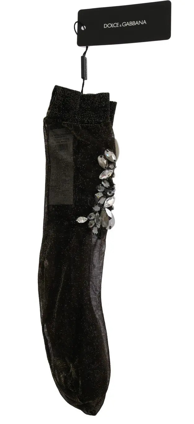 Dolce & Gabbana Black Stretch Floral Clear Crystal Socks - Zeiniez