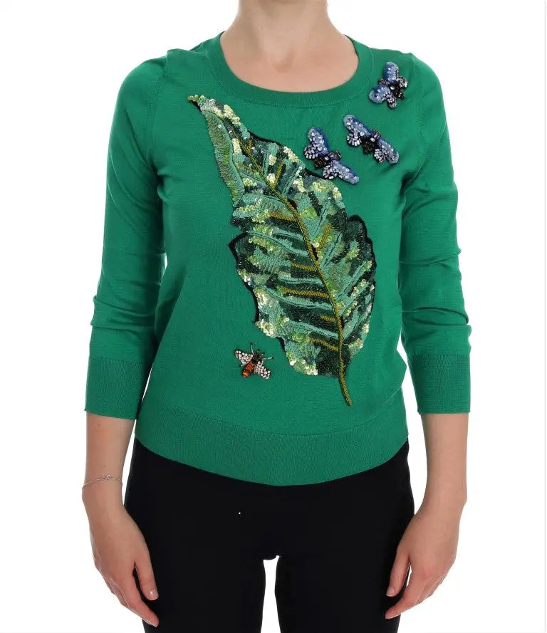 Dolce & Gabbana Green Silk Crystal Banana Sweater - Zeiniez
