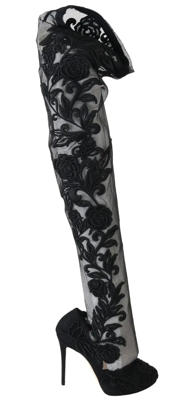 Dolce & Gabbana Black Floral Embroidered Socks Boots - Zeiniez