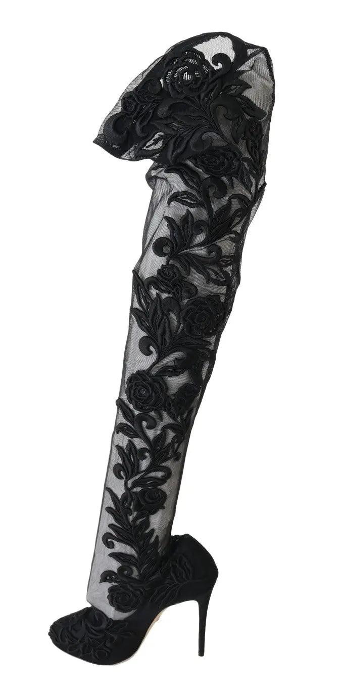 Dolce & Gabbana Black Floral Embroidered Socks Boots - Zeiniez