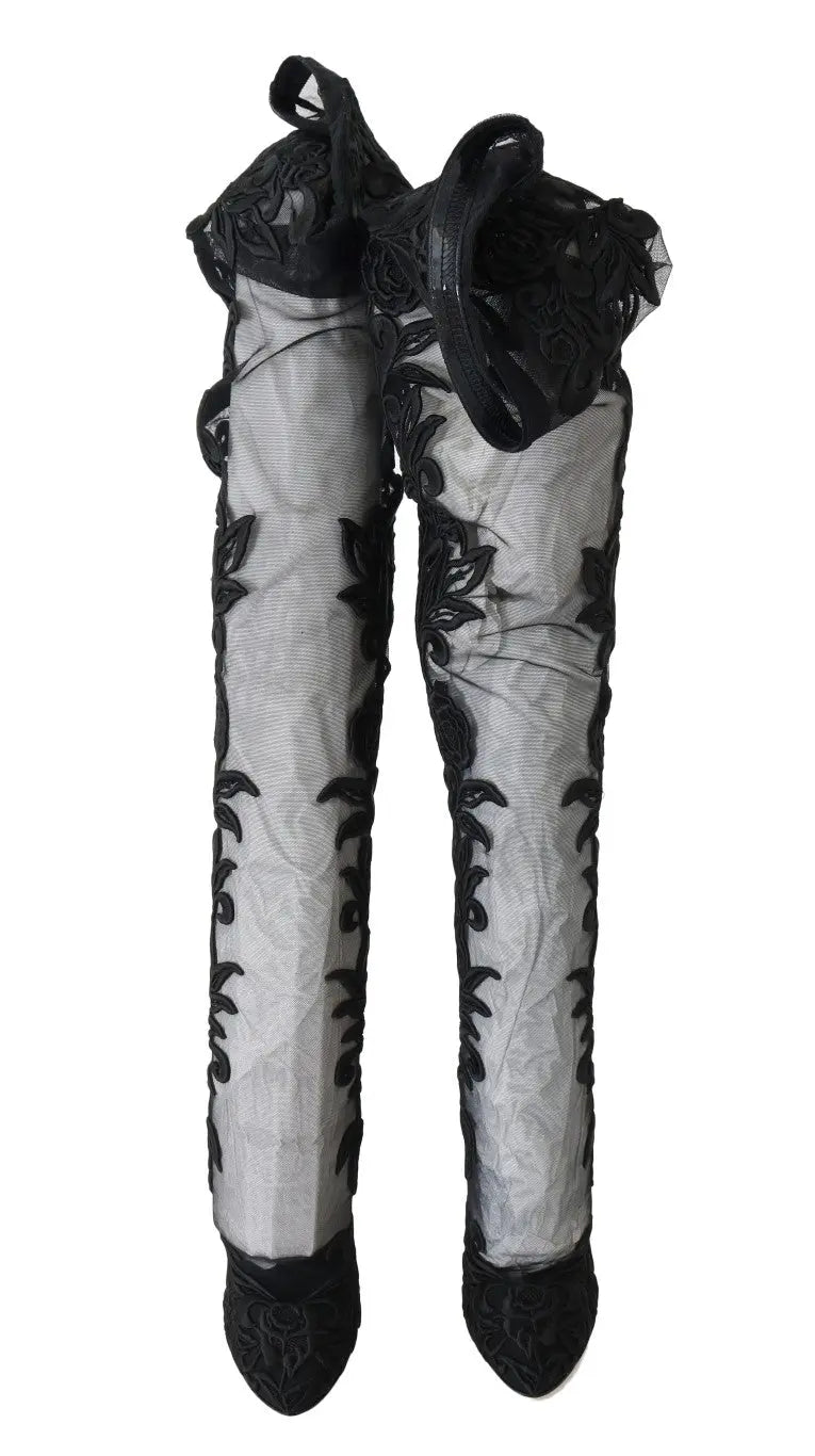 Dolce & Gabbana Black Floral Embroidered Socks Boots - Zeiniez