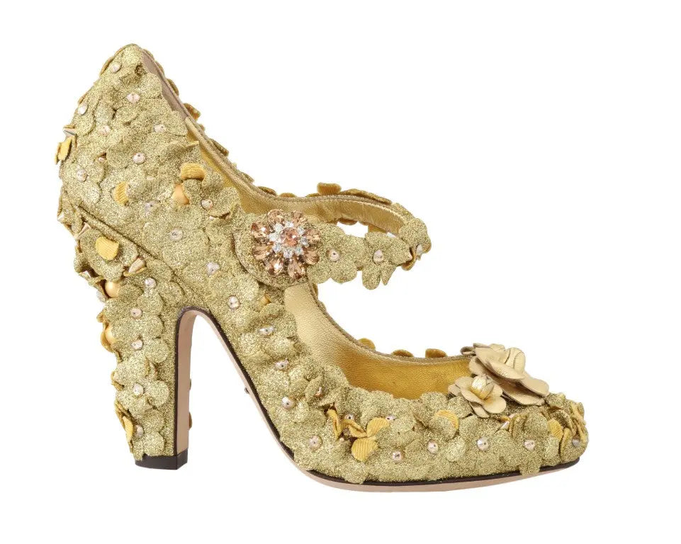 Dolce & Gabbana Gold Floral Crystal Mary Janes Pumps - Zeiniez