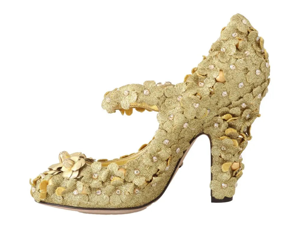 Dolce & Gabbana Gold Floral Crystal Mary Janes Pumps - Zeiniez