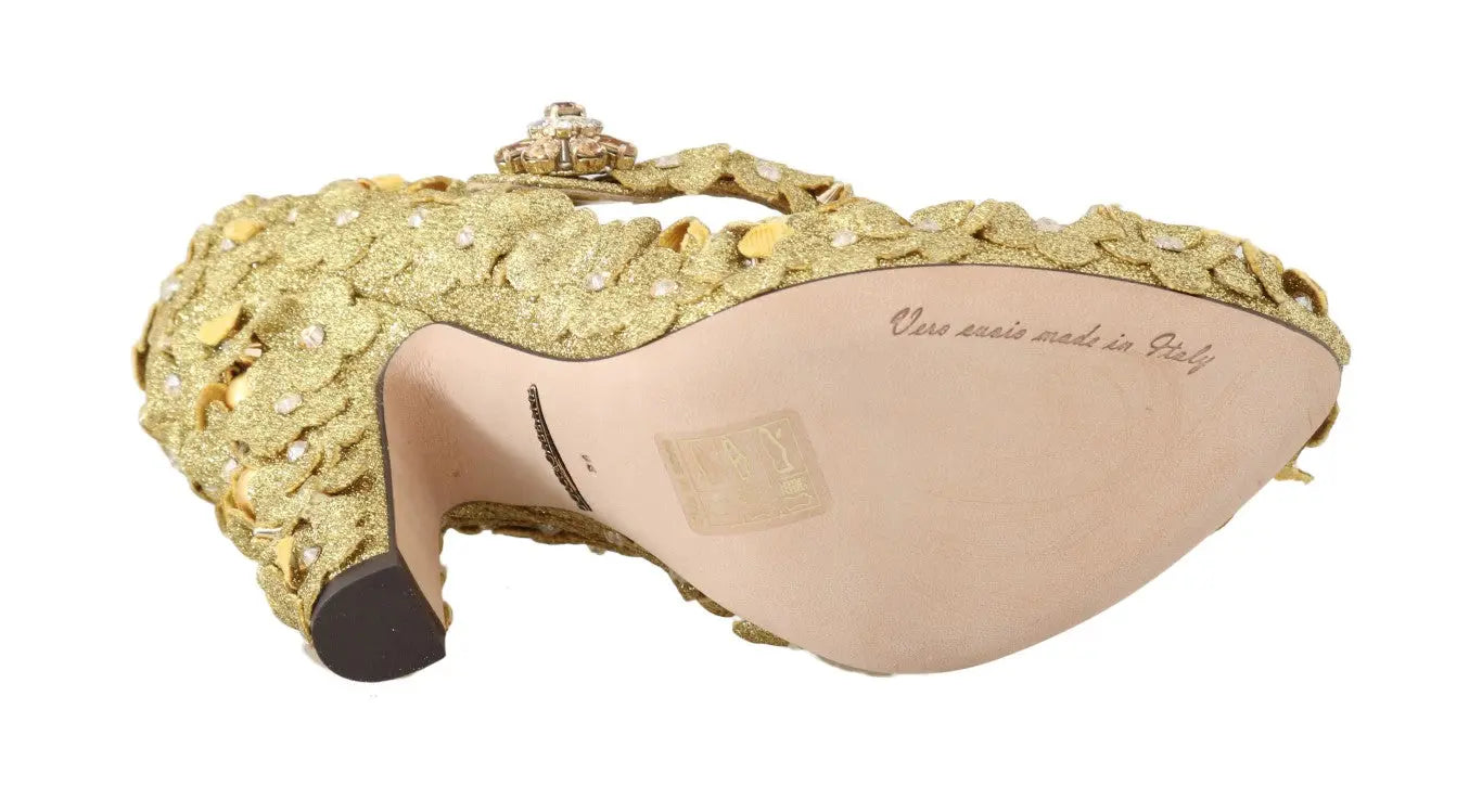Dolce & Gabbana Gold Floral Crystal Mary Janes Pumps - Zeiniez