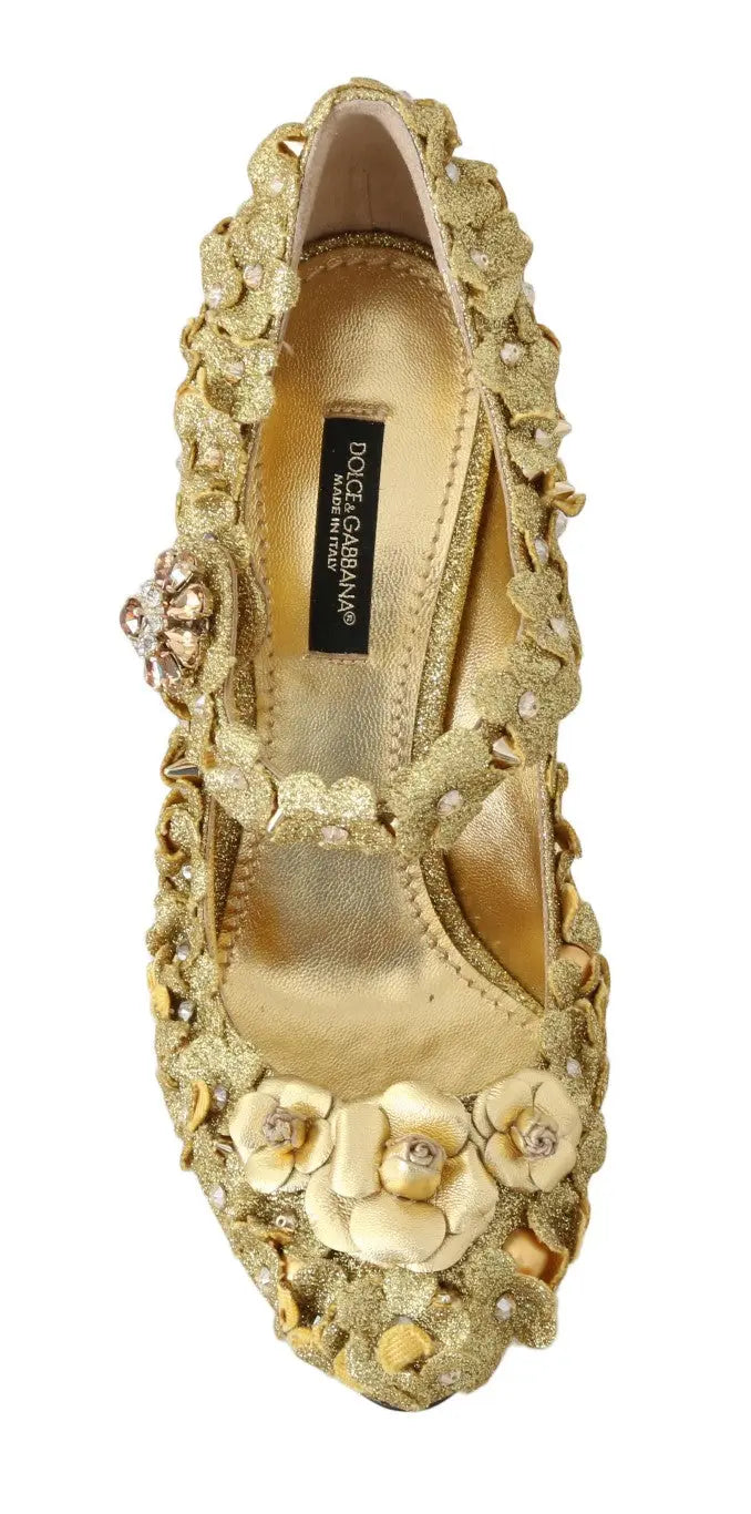 Dolce & Gabbana Gold Floral Crystal Mary Janes Pumps - Zeiniez