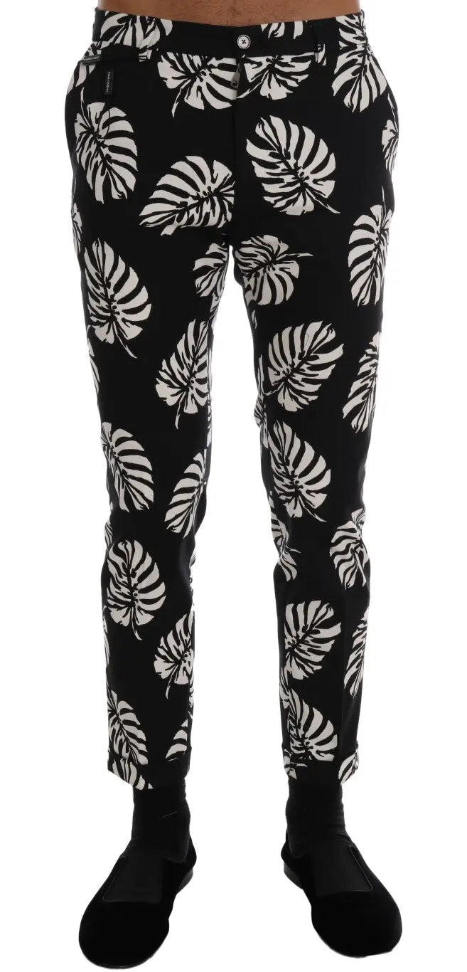 Dolce & Gabbana White Black Leaf Cotton Stretch Slim Pants - Zeiniez