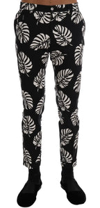Dolce & Gabbana White Black Leaf Cotton Stretch Slim Pants - Zeiniez