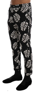 Dolce & Gabbana White Black Leaf Cotton Stretch Slim Pants - Zeiniez