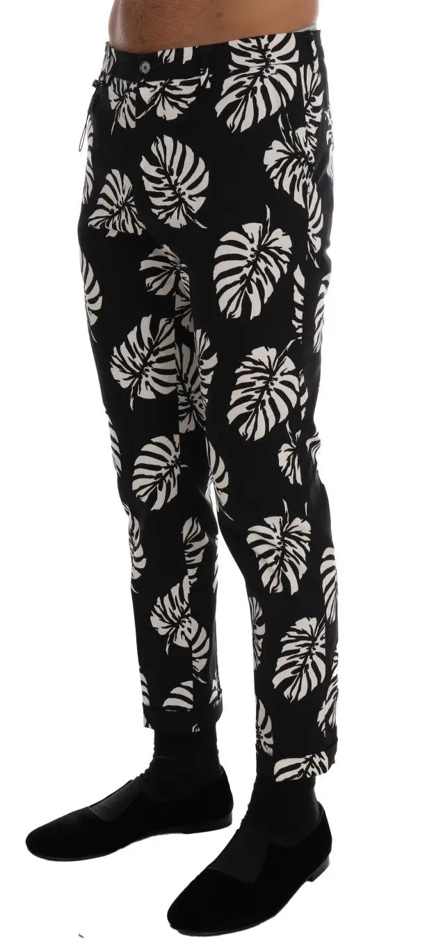 Dolce & Gabbana White Black Leaf Cotton Stretch Slim Pants - Zeiniez