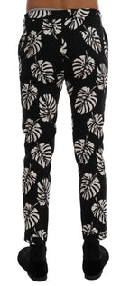 Dolce & Gabbana White Black Leaf Cotton Stretch Slim Pants - Zeiniez