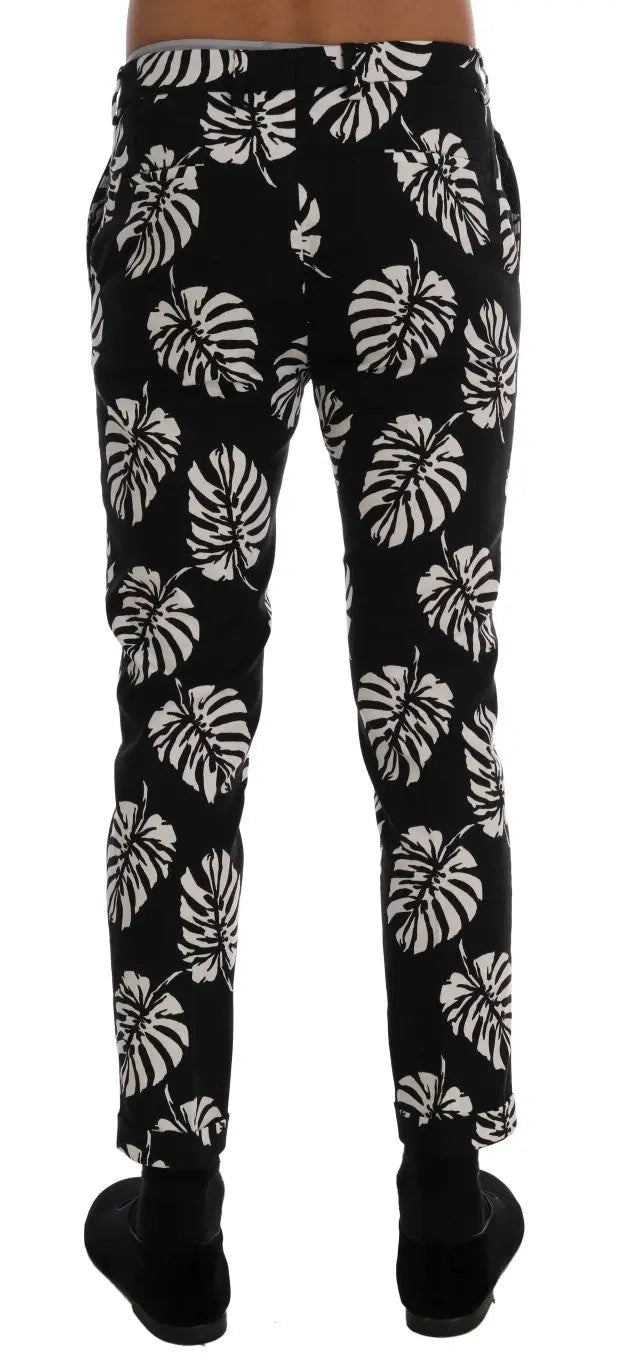 Dolce & Gabbana White Black Leaf Cotton Stretch Slim Pants - Zeiniez