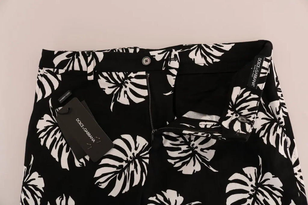 Dolce & Gabbana White Black Leaf Cotton Stretch Slim Pants - Zeiniez