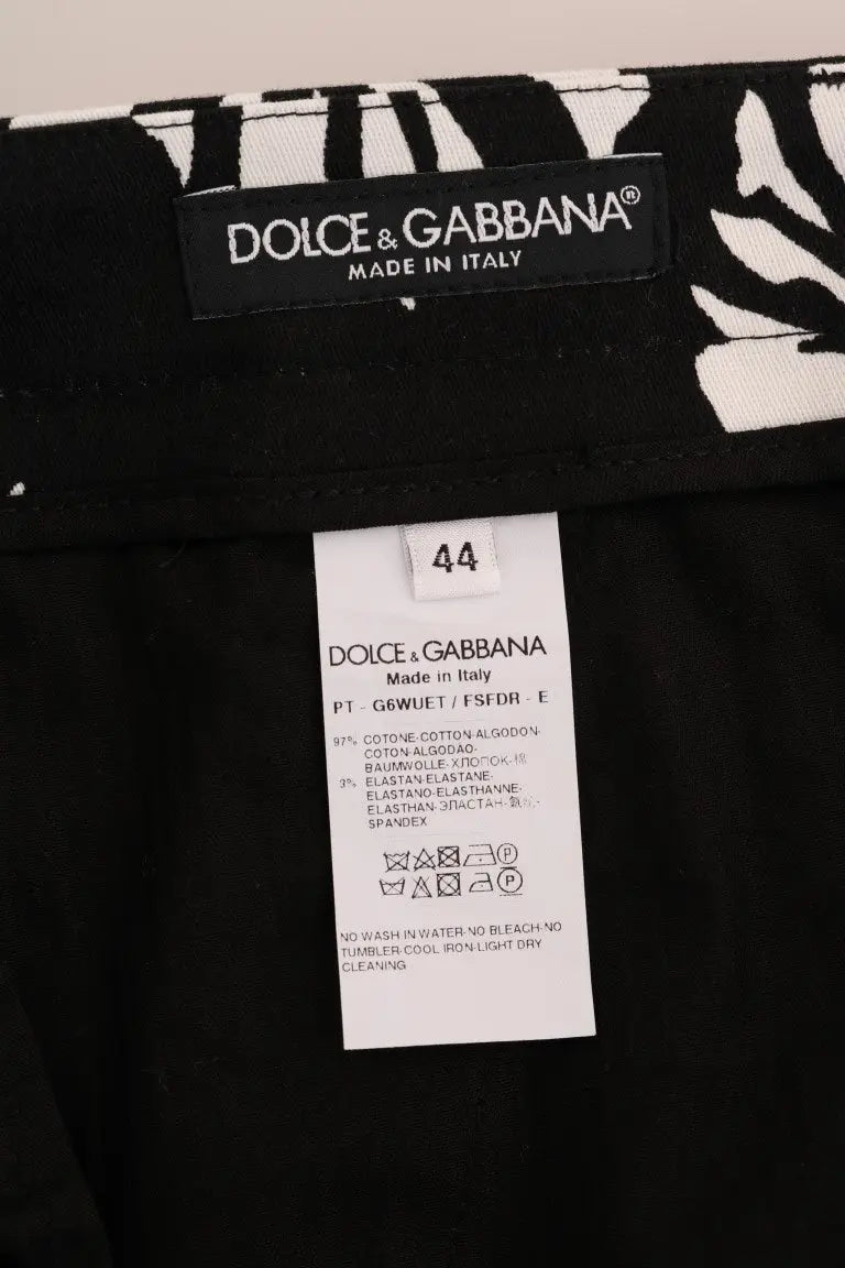 Dolce & Gabbana White Black Leaf Cotton Stretch Slim Pants - Zeiniez