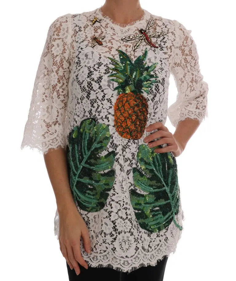 Dolce & Gabbana White Crystal Embellished Lace Blouse - Zeiniez