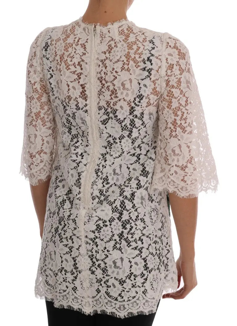 Dolce & Gabbana White Crystal Embellished Lace Blouse - Zeiniez