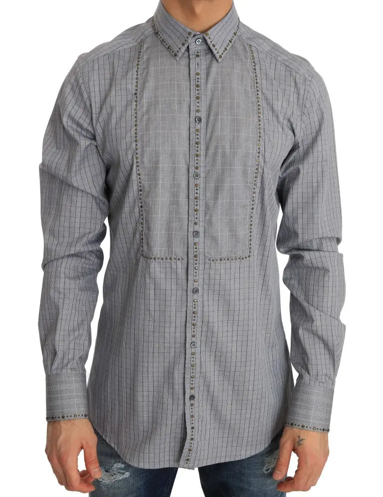 Dolce & Gabbana Gray Check GOLD Cotton Slim Fit Shirt - Zeiniez