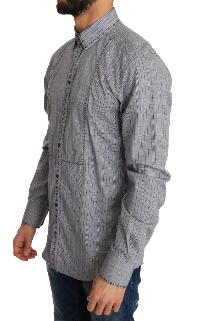 Dolce & Gabbana Gray Check GOLD Cotton Slim Fit Shirt - Zeiniez