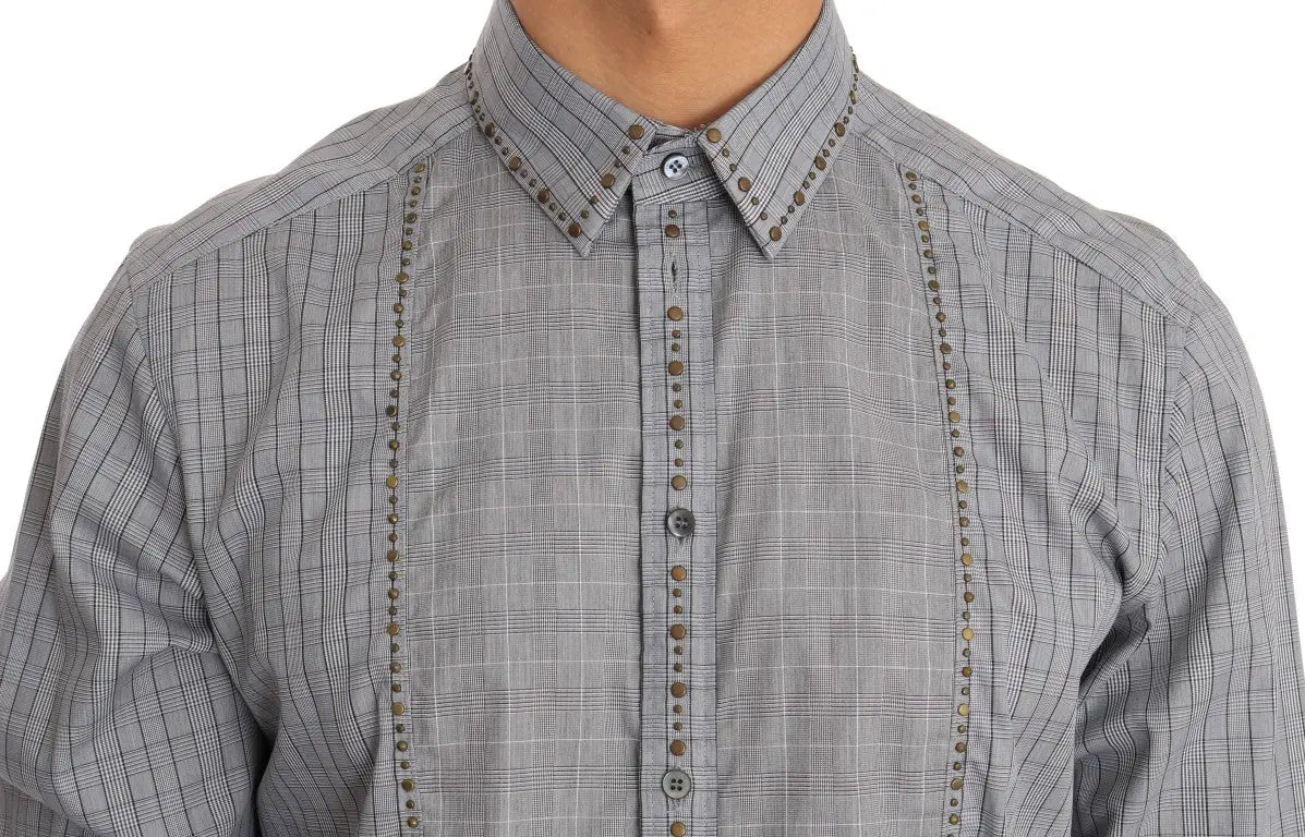Dolce & Gabbana Gray Check GOLD Cotton Slim Fit Shirt - Zeiniez