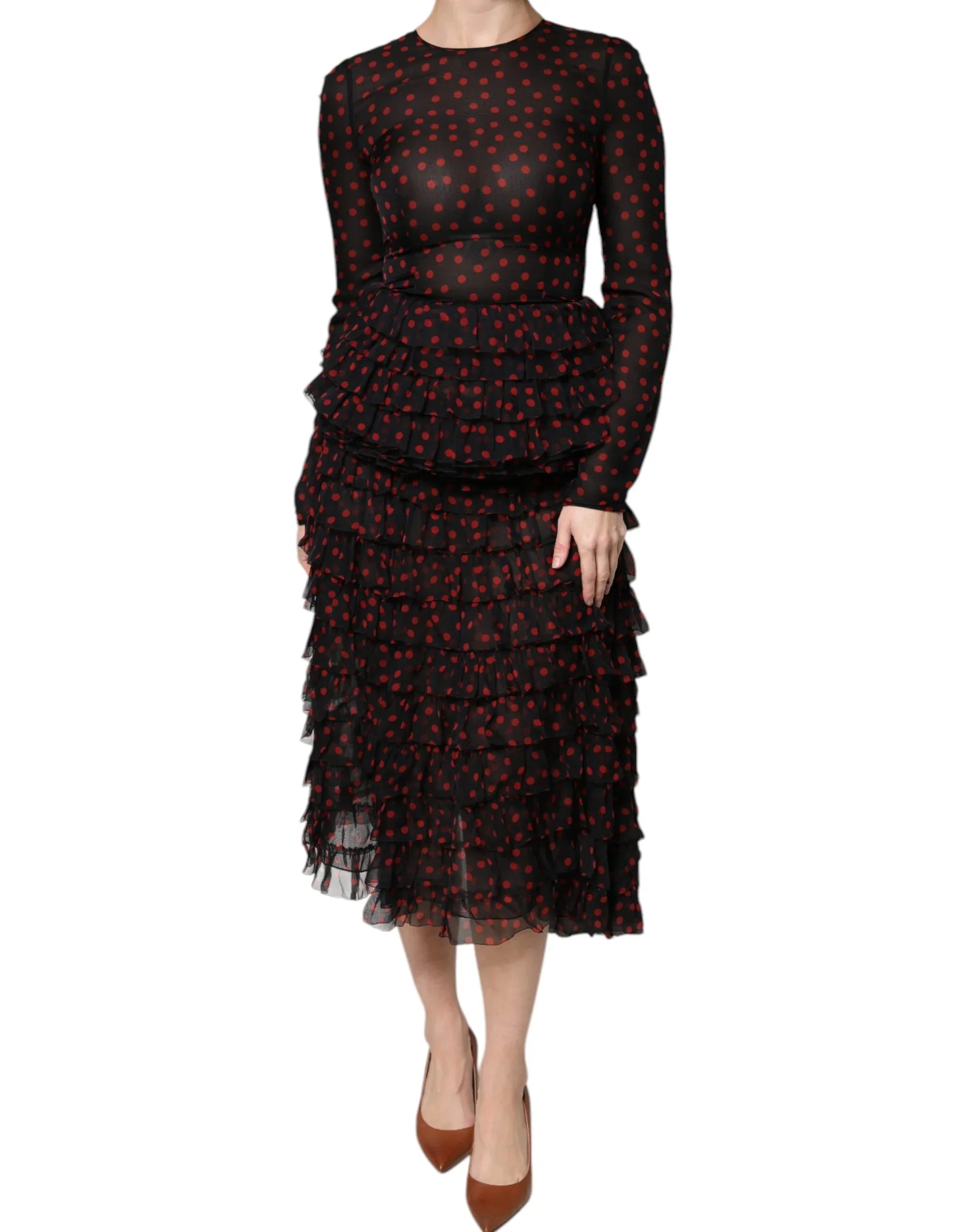 Dolce & Gabbana Black Red Polka Dot Silk Layered Midi Dress - Zeiniez
