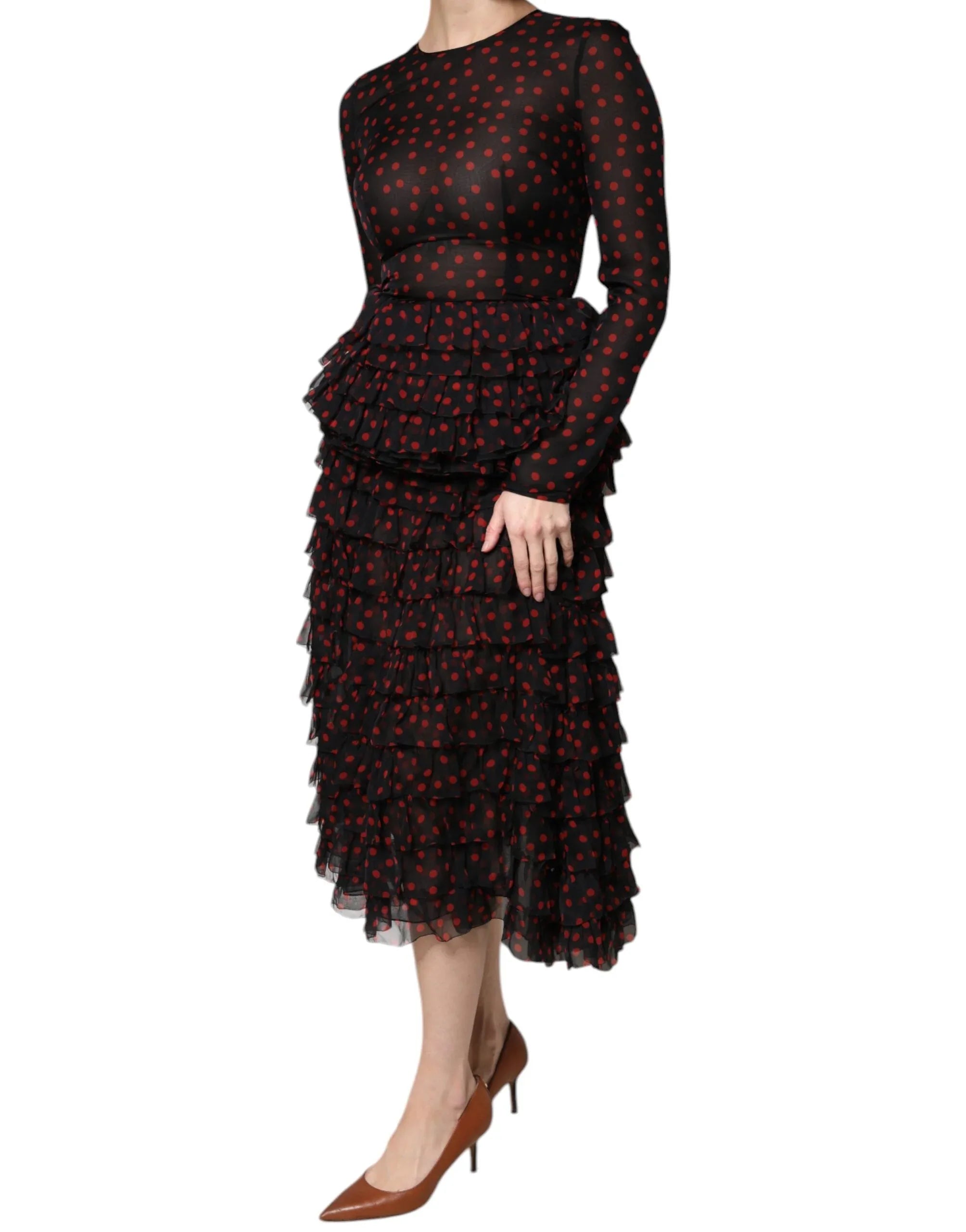 Dolce & Gabbana Black Red Polka Dot Silk Layered Midi Dress - Zeiniez