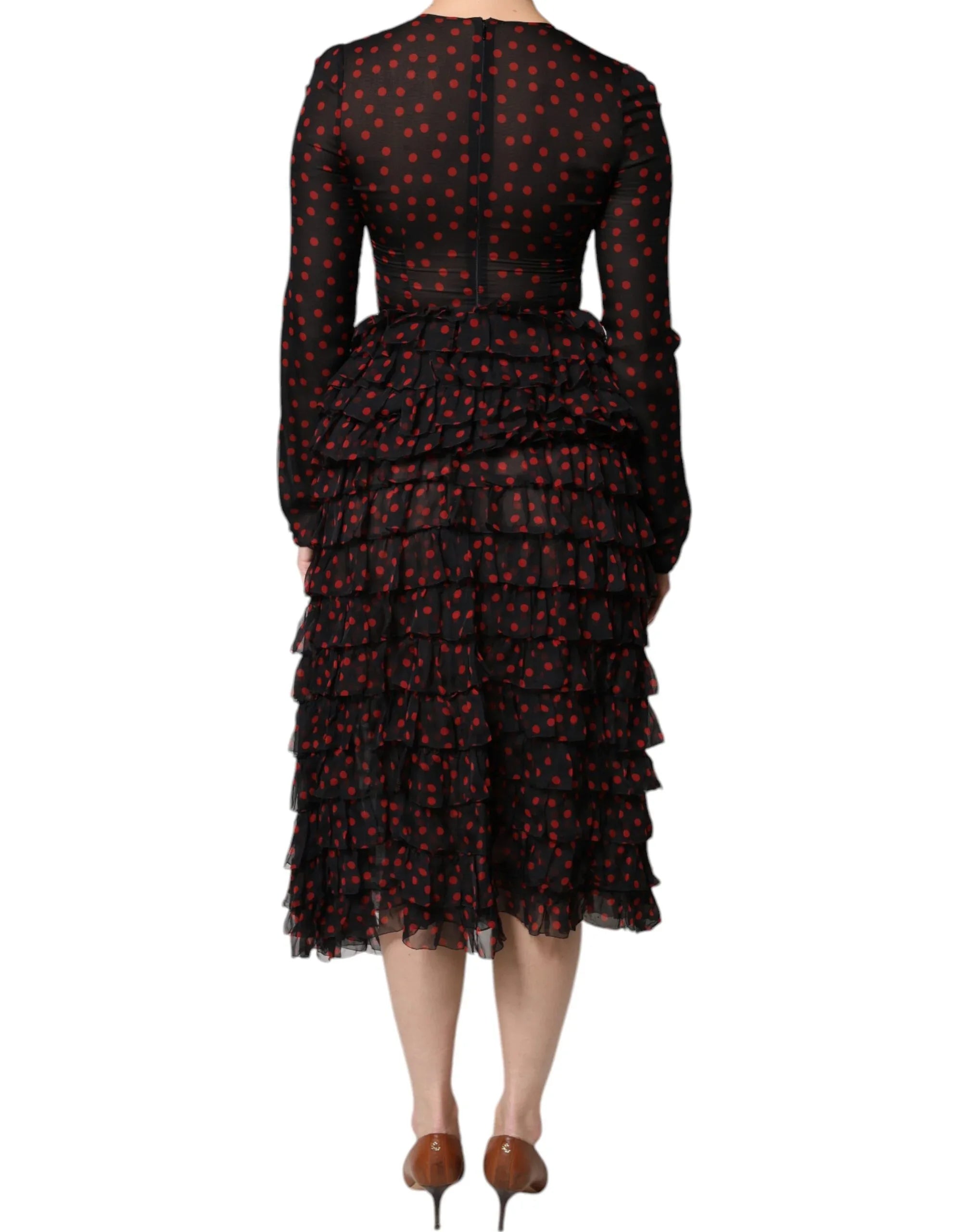 Dolce & Gabbana Black Red Polka Dot Silk Layered Midi Dress - Zeiniez