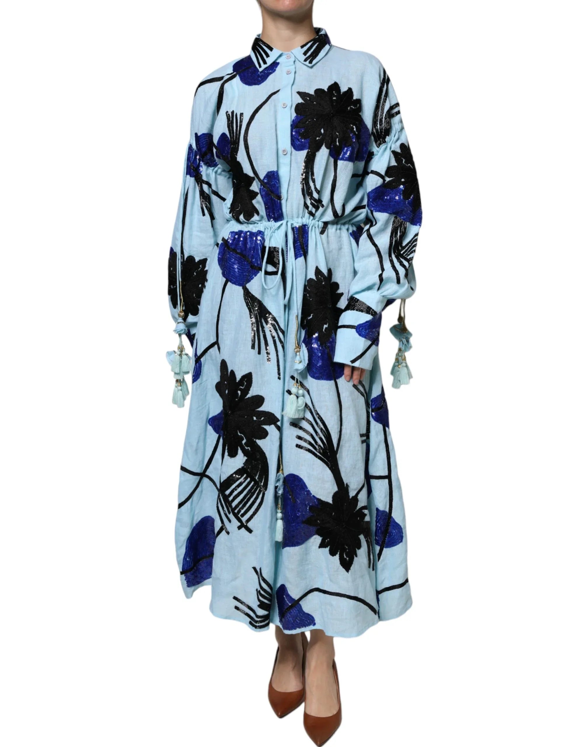 Christian Pellizzari Light Blue Floral Embellished Shirt Maxi Dress - Zeiniez
