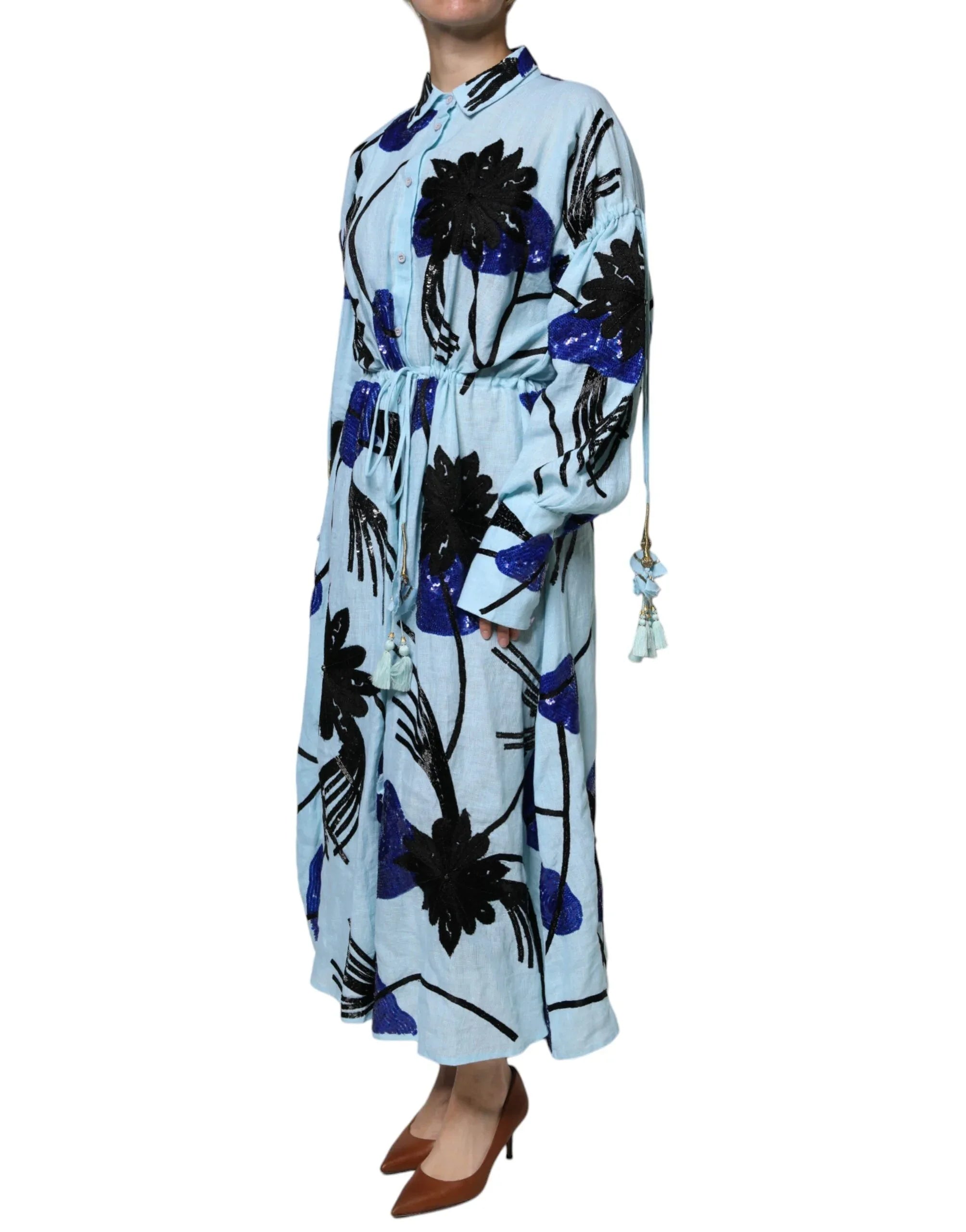 Christian Pellizzari Light Blue Floral Embellished Shirt Maxi Dress - Zeiniez