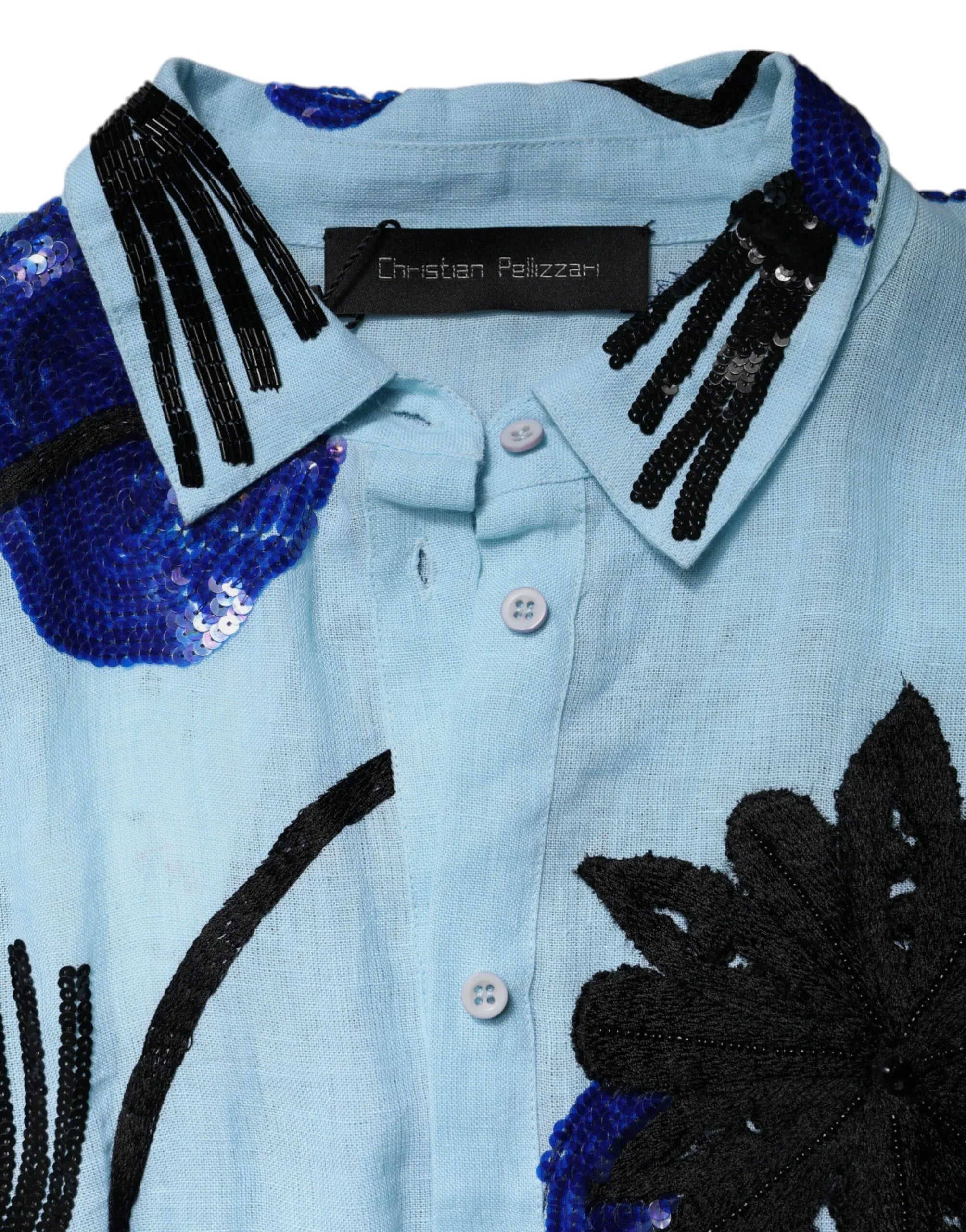 Christian Pellizzari Light Blue Floral Embellished Shirt Maxi Dress - Zeiniez