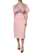 Ermanno Scervino Pink Floral Lace Short Sleeves V-neck Midi Dress - Zeiniez