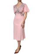 Ermanno Scervino Pink Floral Lace Short Sleeves V-neck Midi Dress - Zeiniez