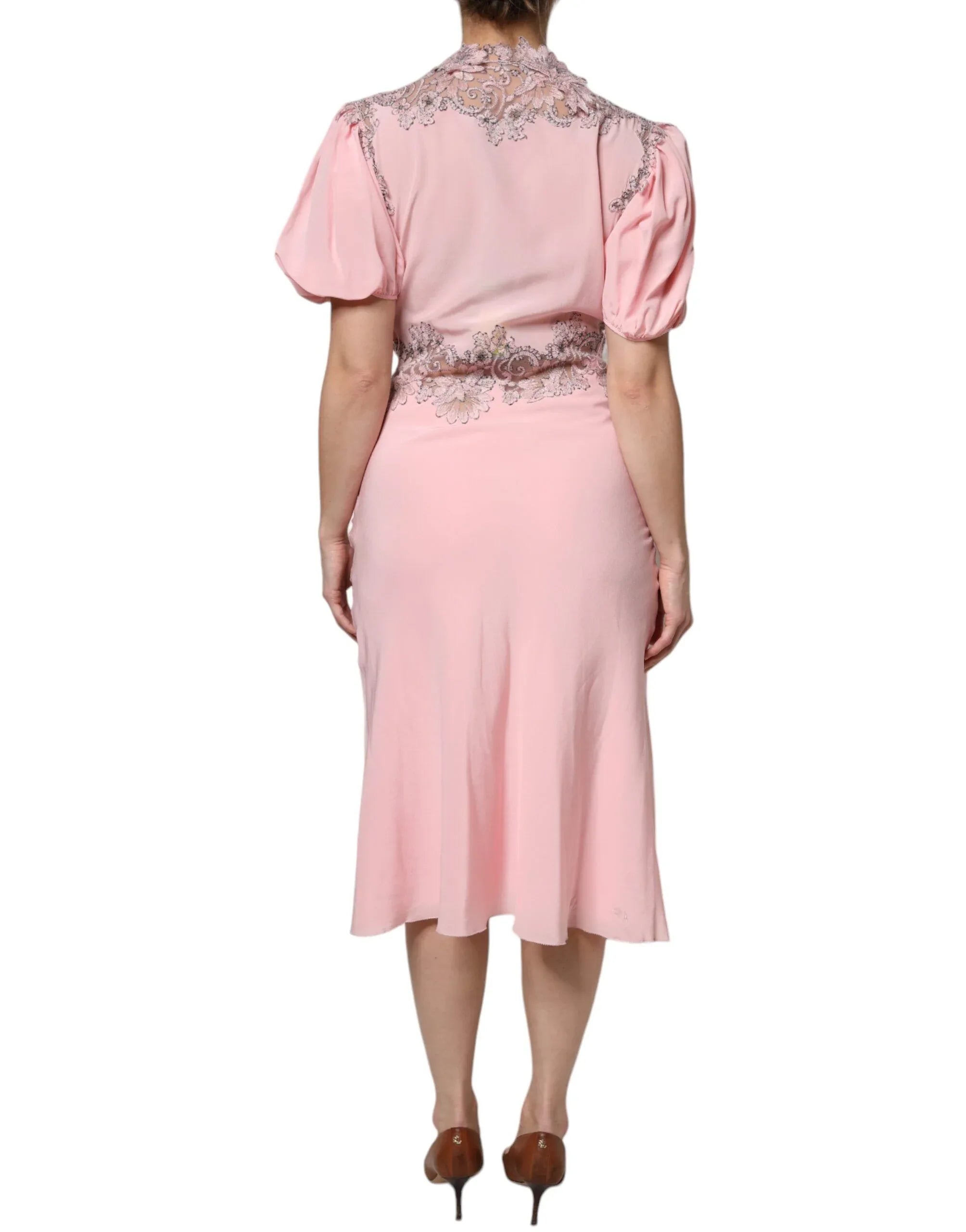 Ermanno Scervino Pink Floral Lace Short Sleeves V-neck Midi Dress - Zeiniez
