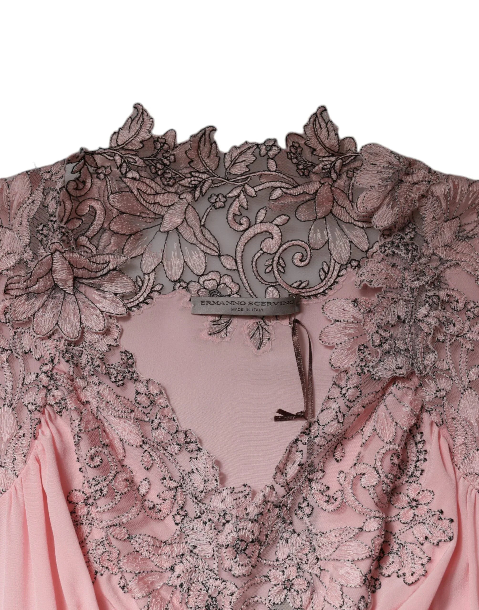 Ermanno Scervino Pink Floral Lace Short Sleeves V-neck Midi Dress - Zeiniez