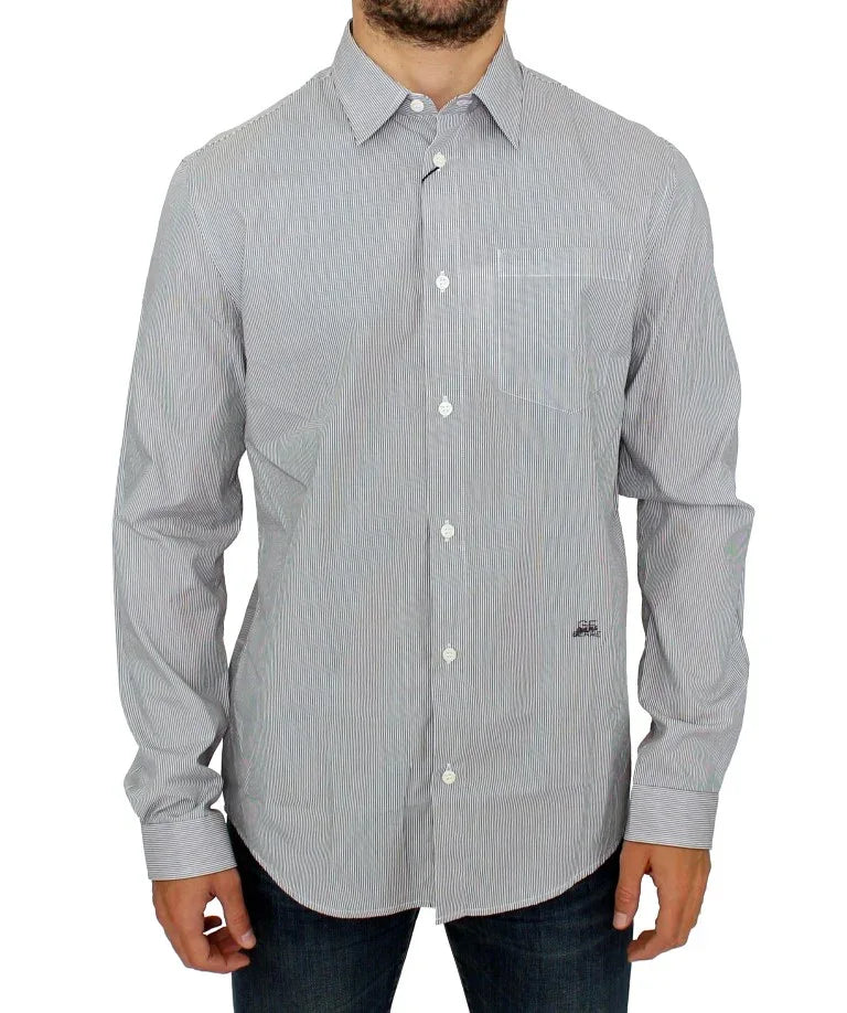 GF Ferre Gray Striped Cotton Casual Shirt - Zeiniez