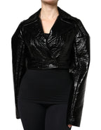 Dolce & Gabbana Black Leather Cropped Long Sleeve Coat Jacket - Zeiniez