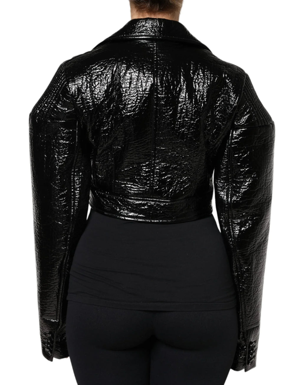 Dolce & Gabbana Black Leather Cropped Long Sleeve Coat Jacket - Zeiniez