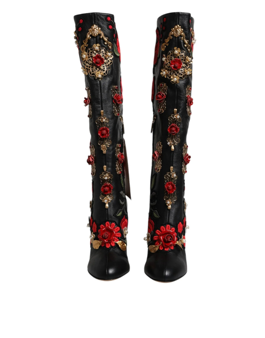 Dolce & Gabbana Black Roses Embellished Leather Heel Boots Shoes - Zeiniez