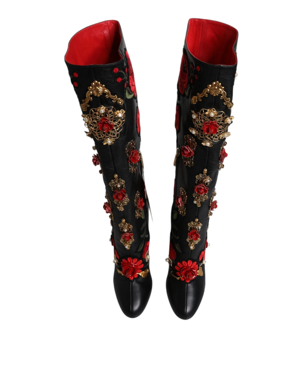 Dolce & Gabbana Black Roses Embellished Leather Heel Boots Shoes - Zeiniez