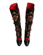 Dolce & Gabbana Black Roses Embellished Leather Heel Boots Shoes - Zeiniez