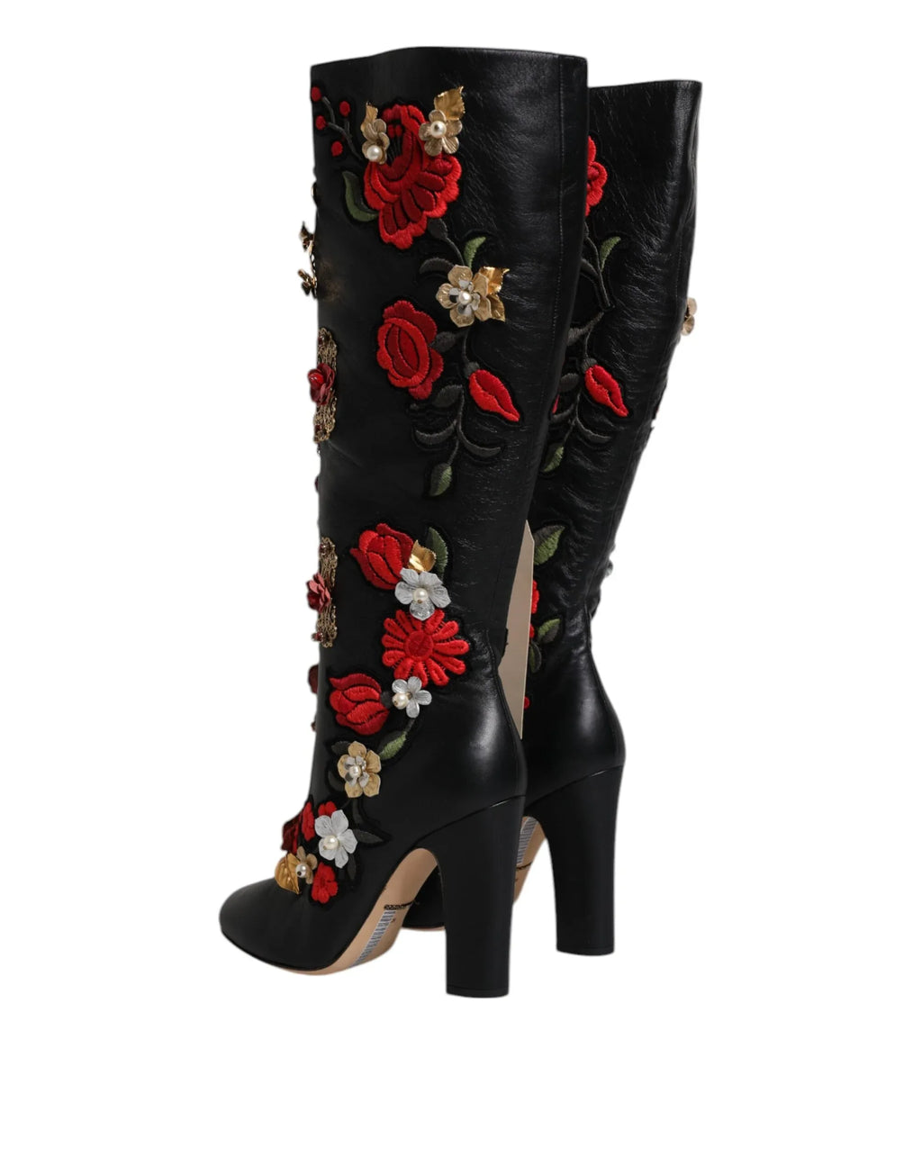 Dolce & Gabbana Black Roses Embellished Leather Heel Boots Shoes - Zeiniez