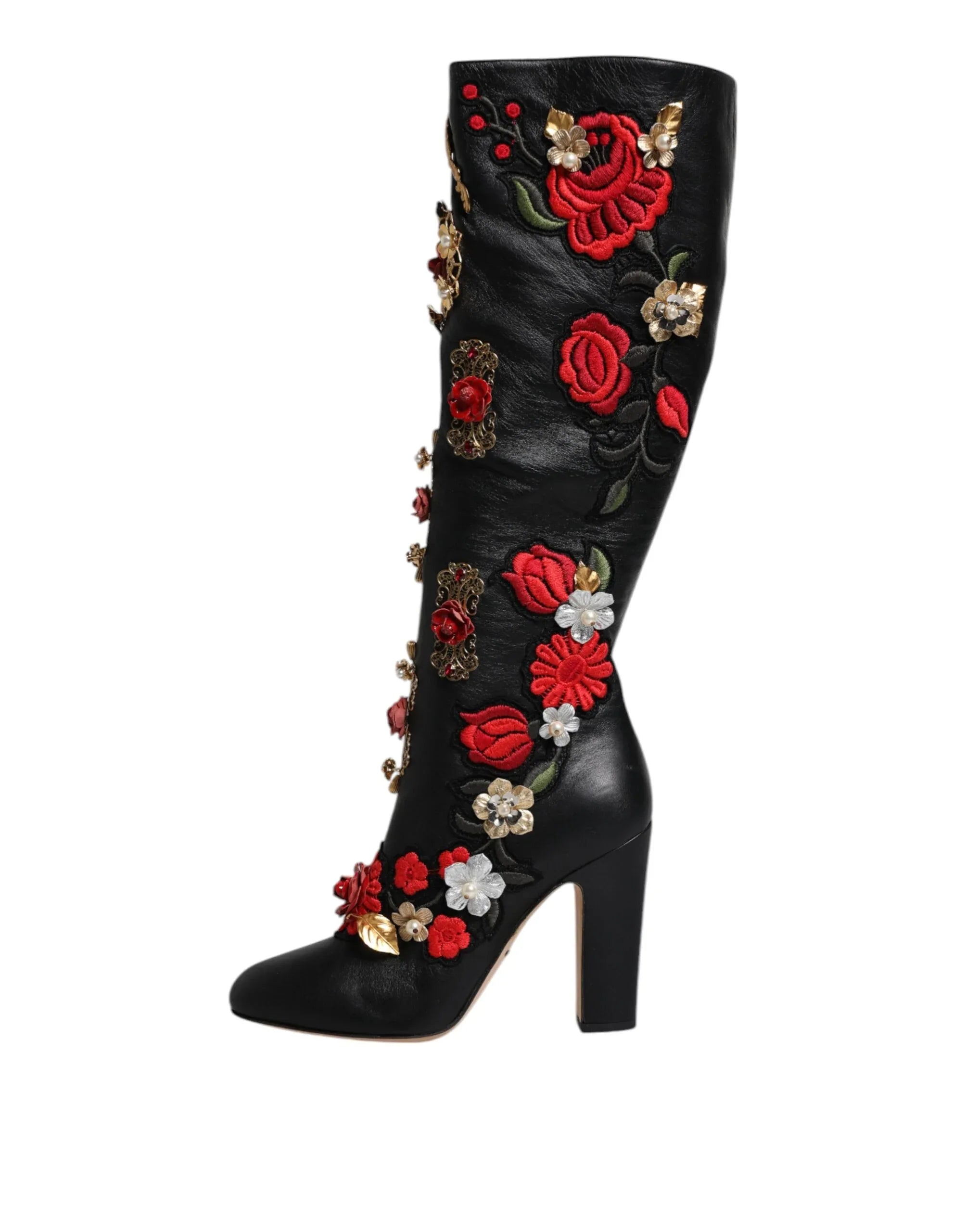 Dolce & Gabbana Black Roses Embellished Leather Heel Boots Shoes - Zeiniez