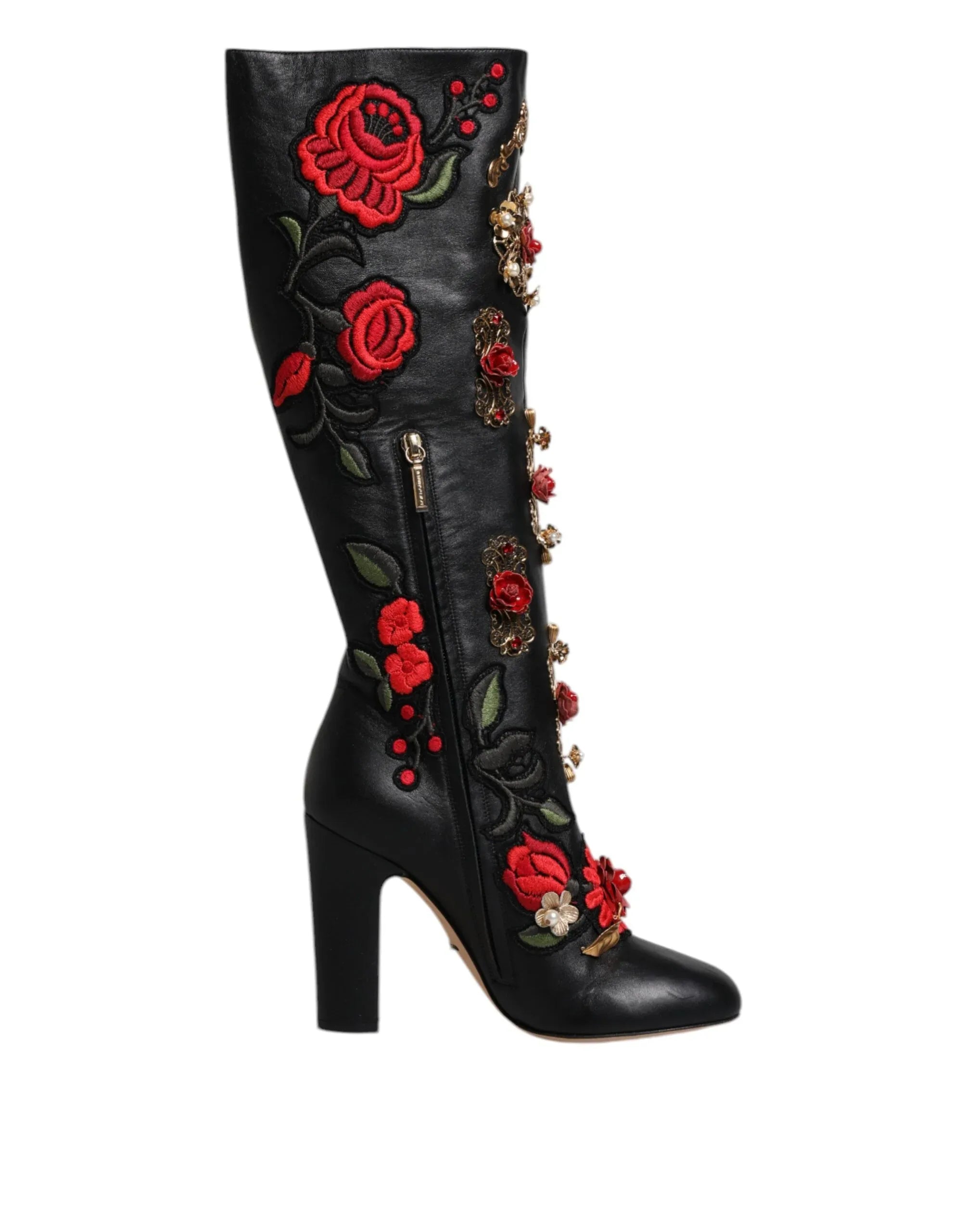 Dolce & Gabbana Black Roses Embellished Leather Heel Boots Shoes - Zeiniez