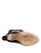 Dolce & Gabbana Black Roses Embellished Leather Heel Boots Shoes - Zeiniez