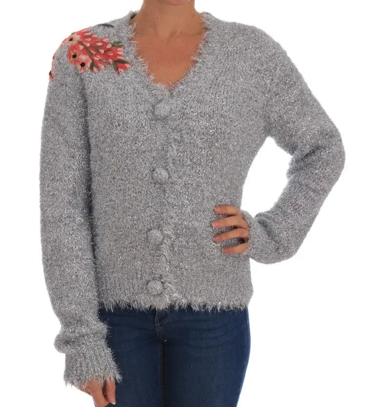 Dolce & Gabbana Silver Cardigan Floral Applique Sweater - Zeiniez