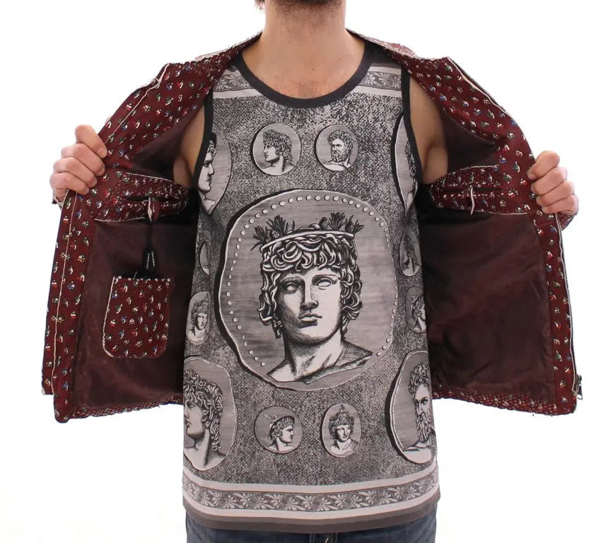 Dolce & Gabbana Bordeaux Leather Boxer Print Jacket Coat Dolce & Gabbana