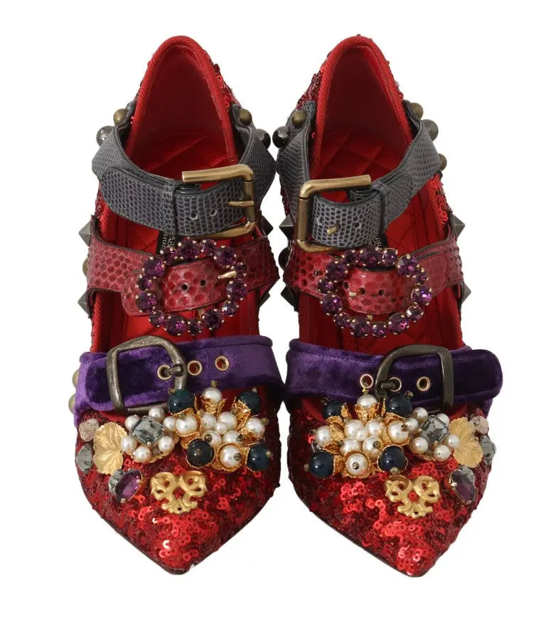 Dolce & Gabbana Red Sequined Crystal Studs Heels Shoes - Zeiniez