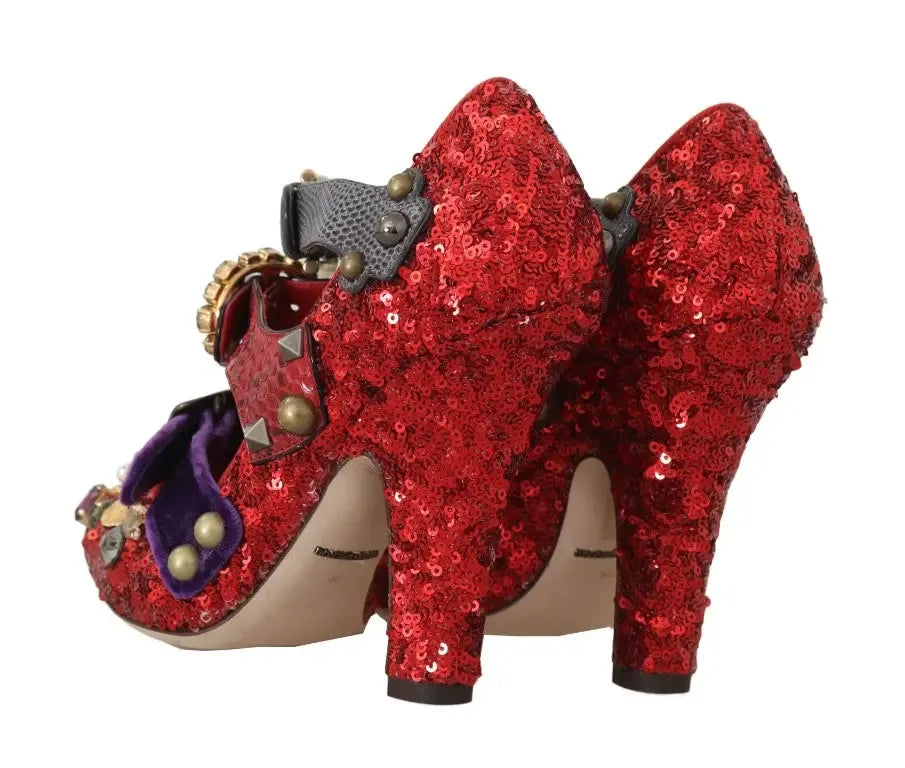 Dolce & Gabbana Red Sequined Crystal Studs Heels Shoes - Zeiniez