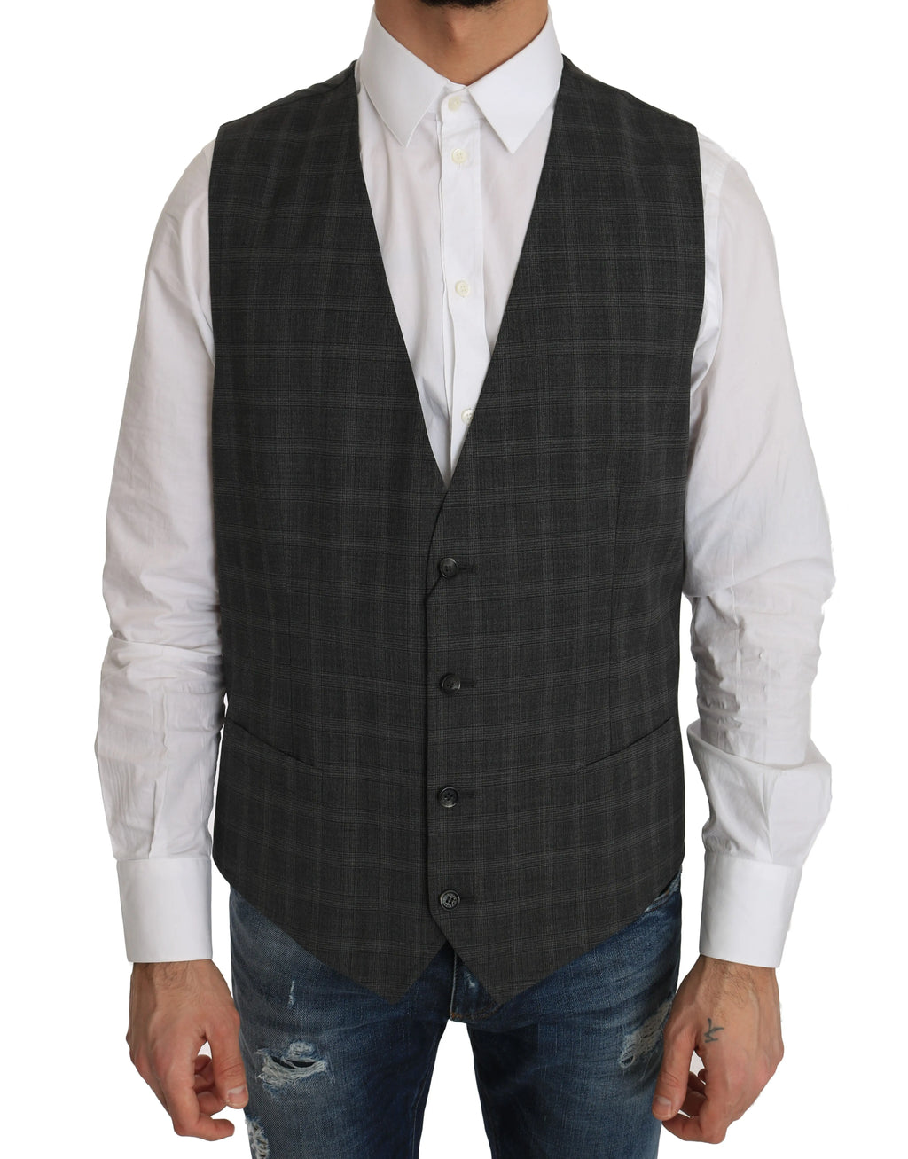 Dolce & Gabbana Gray Wool STAFF Checkered Stretch Vest - Zeiniez